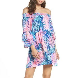 Lilly Pulitzer Tobyn Off Shoulder Dress Medium Gypset Pineapple Pink GUC